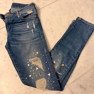 True Religion Low Rise Relaxed Blue Distressed Skinny Jeans in 23 with gemstones